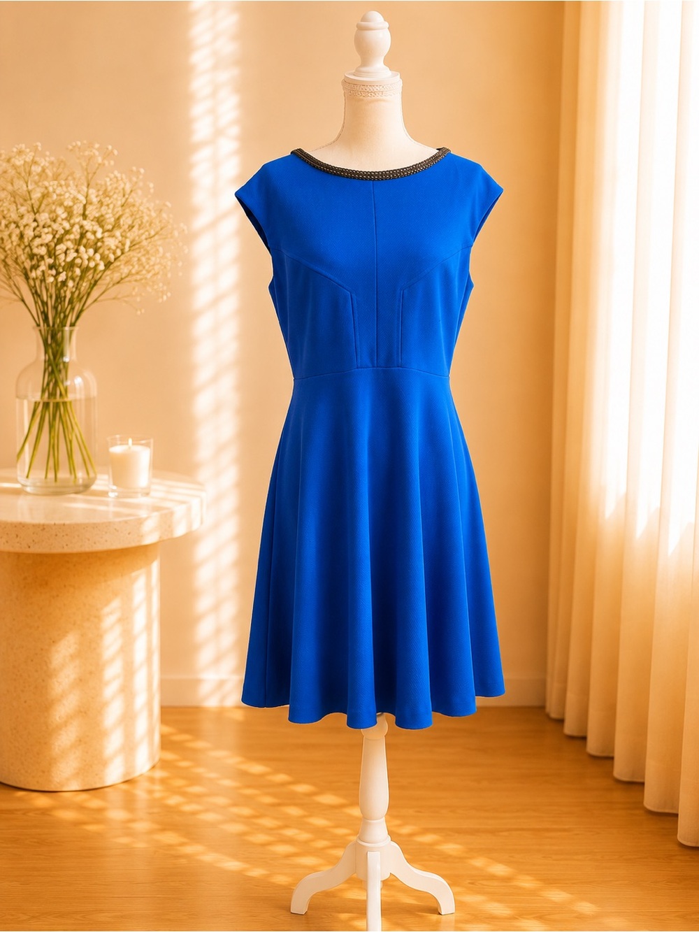 Sandra Darren Cobalt Blue Fit-and-Flare Midi Dress with Embellished Neckline
